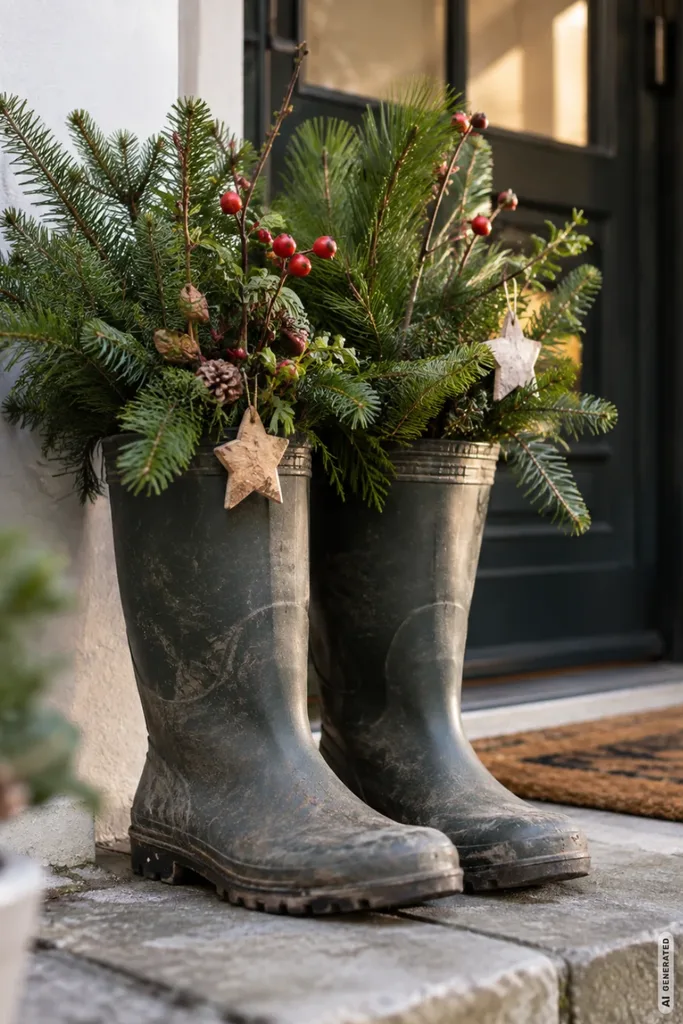 Zwei alte Gummistiefel mit Tannengrün, roten Beeren und Holzsternen als Weihnachtsdeko vor der Haustür.