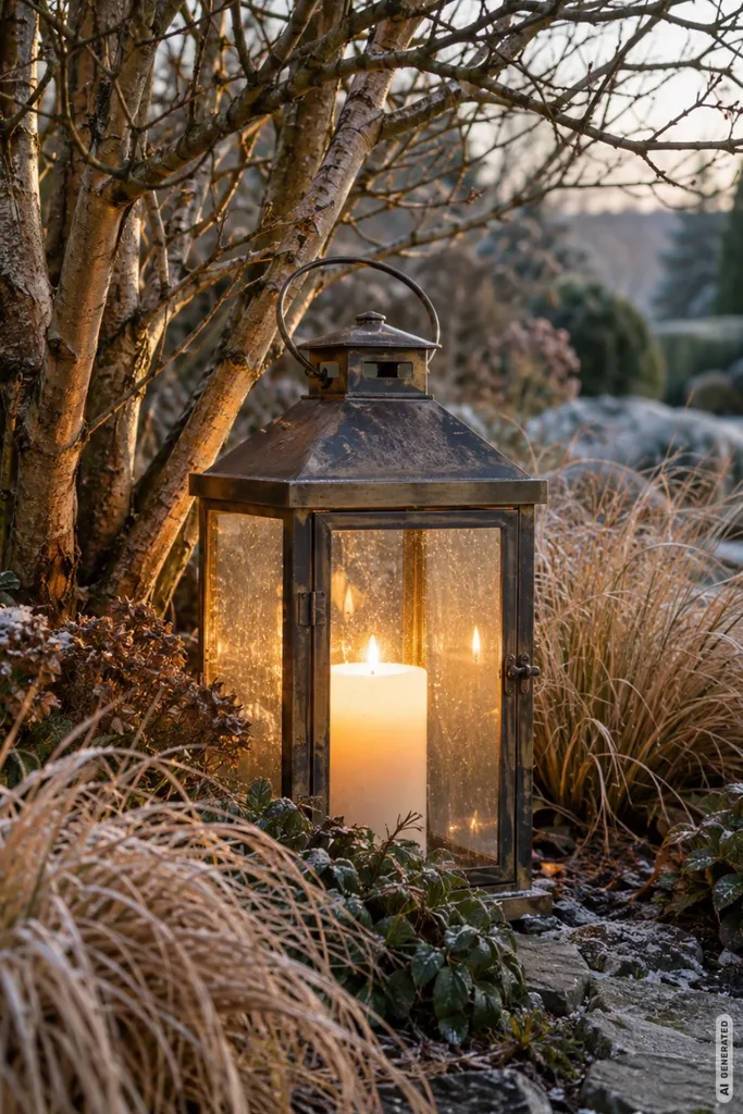Weihnachtsdeko mit Laternen im Garten unter einem kahlen Gehölz mit Gräsern.