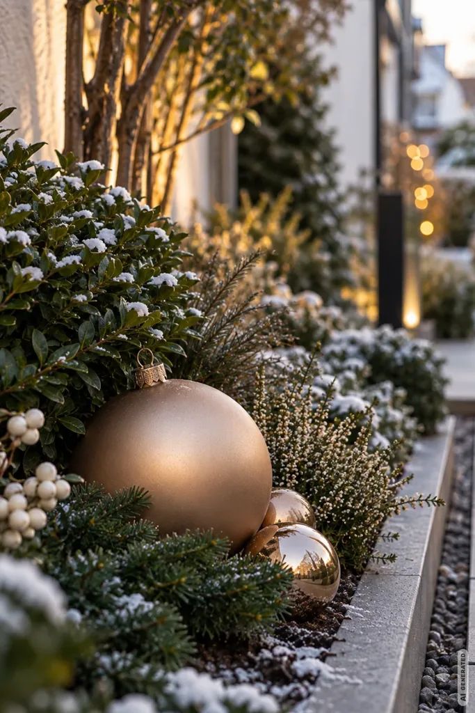 Weihnachtsdeko für den Reihenhausgarten: 5 schöne Ideen ohne vollgestellte Wege Große bronzefarbene Weihnachtskugeln zwischen immergrünen Sträuchern in einem winterlichen Gartenbeet.