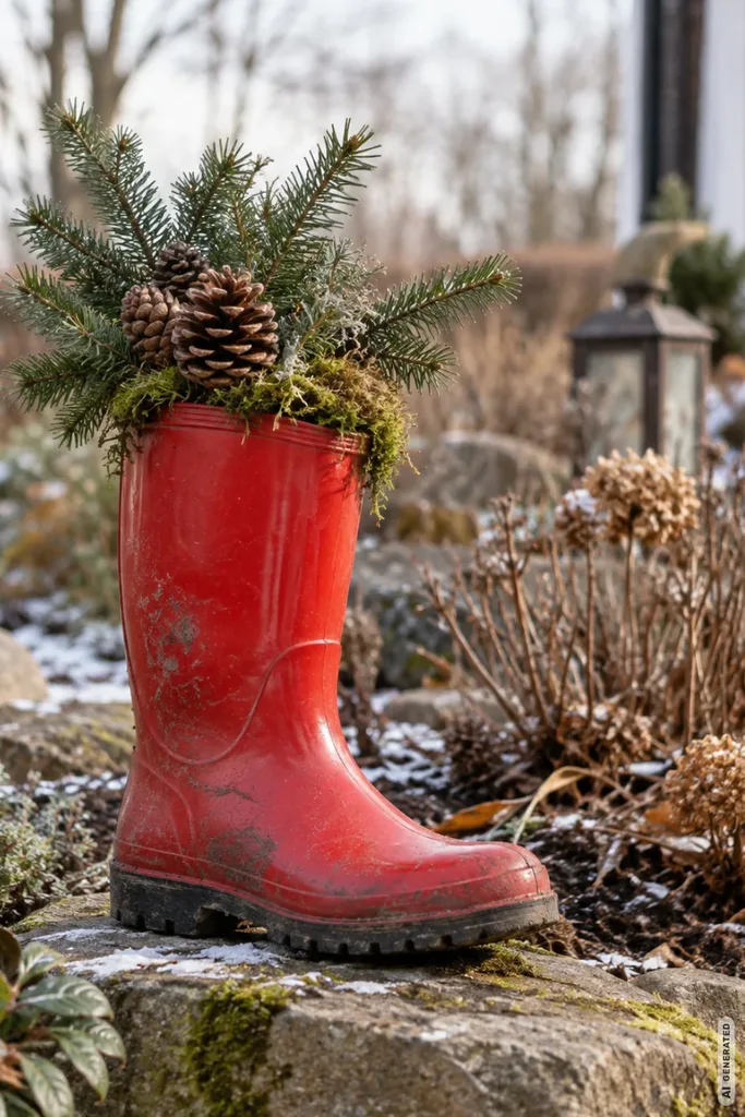 Alter roter Gummistiefel mit Tannenzweigen, Zapfen und Moos auf einem Stein im winterlichen Gartenbeet.
