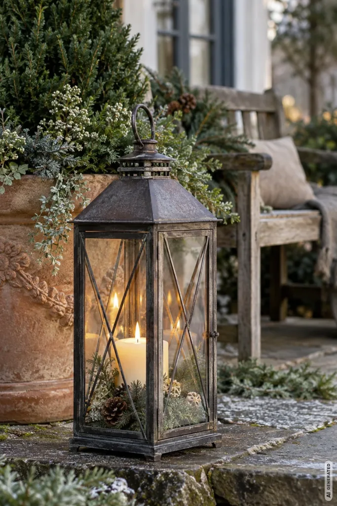 Weihnachtsdeko mit Laternen neben Pflanzkübel und Gartenbank in winterlicher Atmosphäre.