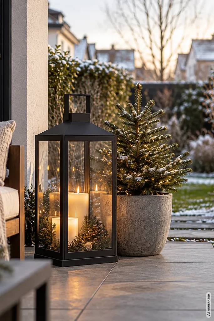 Weihnachtsdeko für den Reihenhausgarten: 5 schöne Ideen ohne vollgestellte Wege Schwarze Laterne mit Kerzen neben einer kleinen Tanne im Pflanzkübel auf einer modernen Reihenhausterrasse.