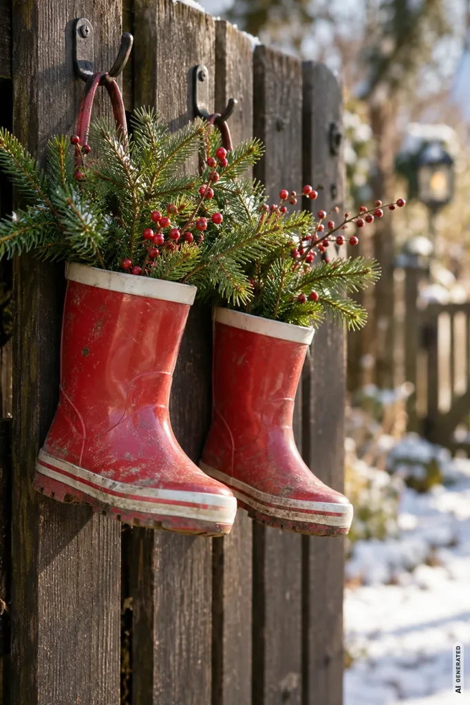 Zwei rote Kinder-Gummistiefel mit Tannengrün und roten Beeren hängen als Weihnachtsdeko an einem Holzzaun.