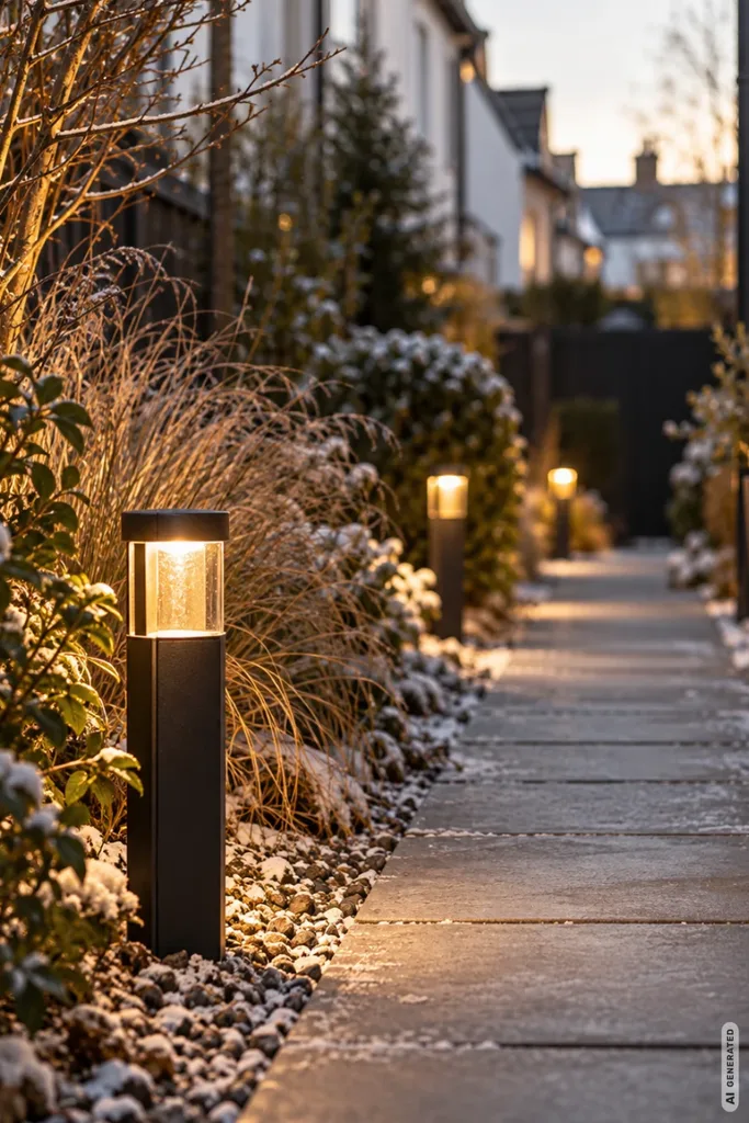 Weihnachtsdeko für den Reihenhausgarten: 5 schöne Ideen ohne vollgestellte Wege Moderne schwarze Wegeleuchten mit warmweißem Licht entlang eines schmalen Gartenwegs im winterlichen Reihenhausgarten.