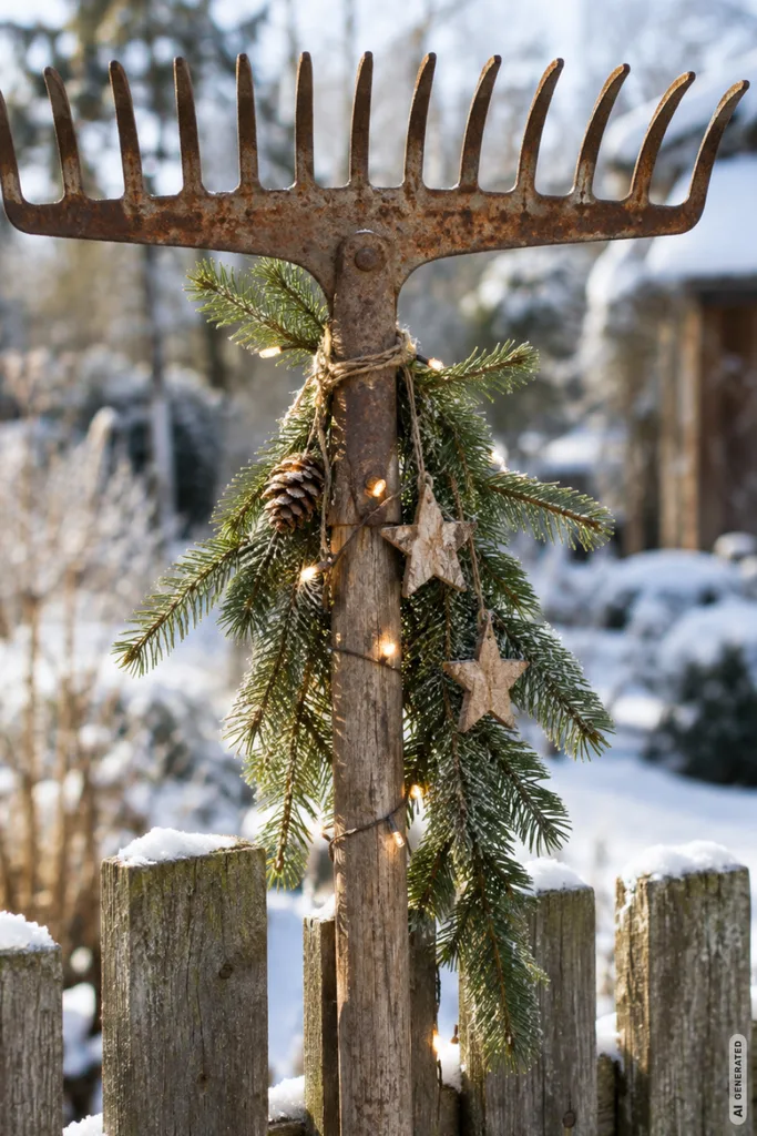 Rostige Gartenharke mit Tannenzweigen, Holzsternen und Lichterkette an einem verschneiten Holzzaun.