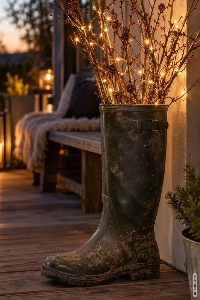 Alter dunkler Gummistiefel mit Zweigen und warmweißer LED-Lichterkette als Weihnachtsdeko auf einer Holzterrasse.