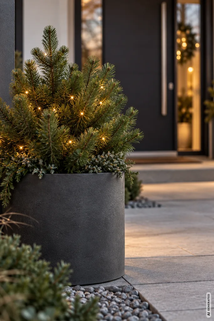 Moderne Weihnachtsdeko im Vorgarten mit beleuchteter Zwergkiefer im anthrazitfarbenen Pflanzkübel.