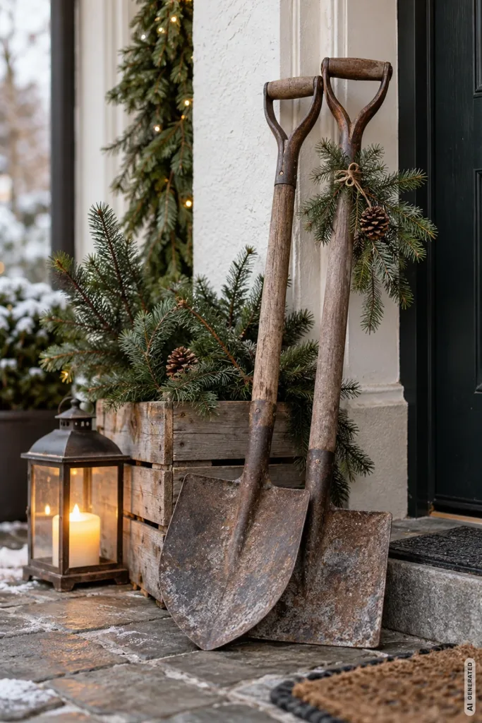 Zwei alte Spaten mit Tannengrün neben einer Holzkiste und leuchtenden Laterne am winterlichen Hauseingang.