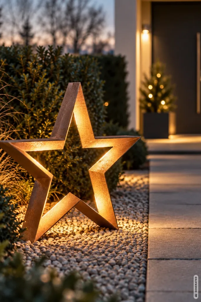 Moderne Weihnachtsdeko im Vorgarten mit großem warmweiß beleuchtetem Metallstern zwischen Kies und Pflanzen.
