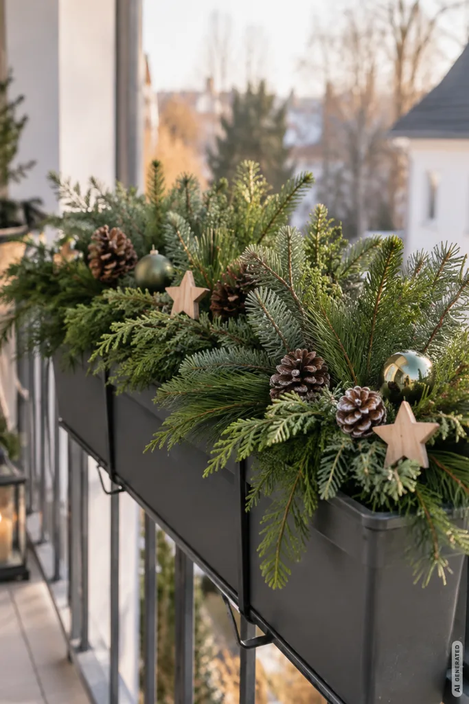 Weihnachtsdeko für den Balkon mit winterlichem Balkonkasten aus Tannengrün, Zapfen, Holzsternen und Kugeln.
