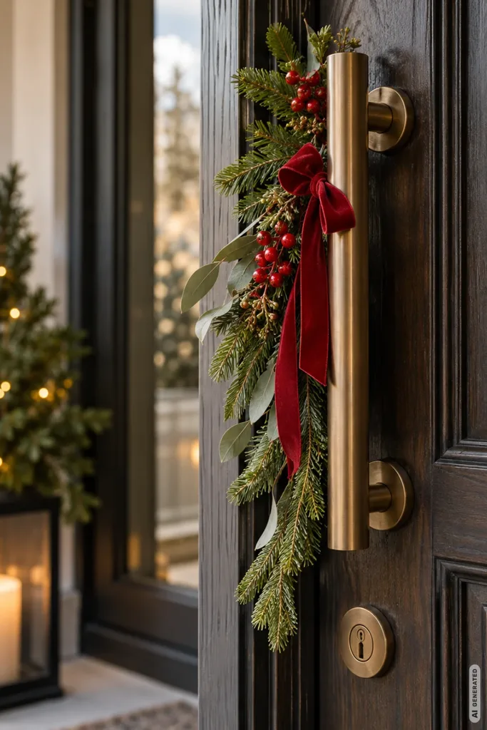 Weihnachtsdeko für die Haustür: 5 Ideen, die beim Öffnen nicht stören Weihnachtsdeko für die Haustür mit Tannengrün, roten Beeren und roter Schleife am Türgriff.