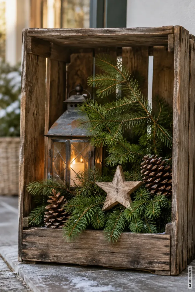 Alte Holzkiste mit leuchtender Laterne, Tannengrün, Kiefernzapfen und Holzstern auf einer winterlichen Terrasse.