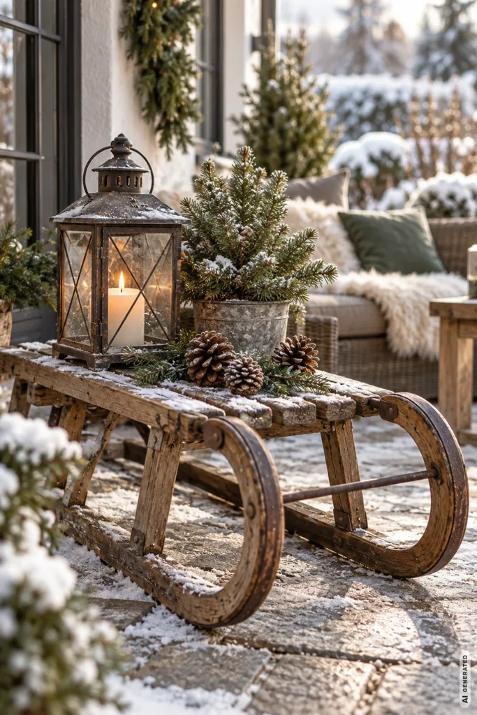 Weihnachtsdeko mit alten Schlitten: 5 Ideen, die auch ohne Schnee schön aussehen Weihnachtsdeko mit altem Holzschlitten auf der Terrasse, geschmückt mit Laterne, kleinem Tannenbaum und Zapfen.