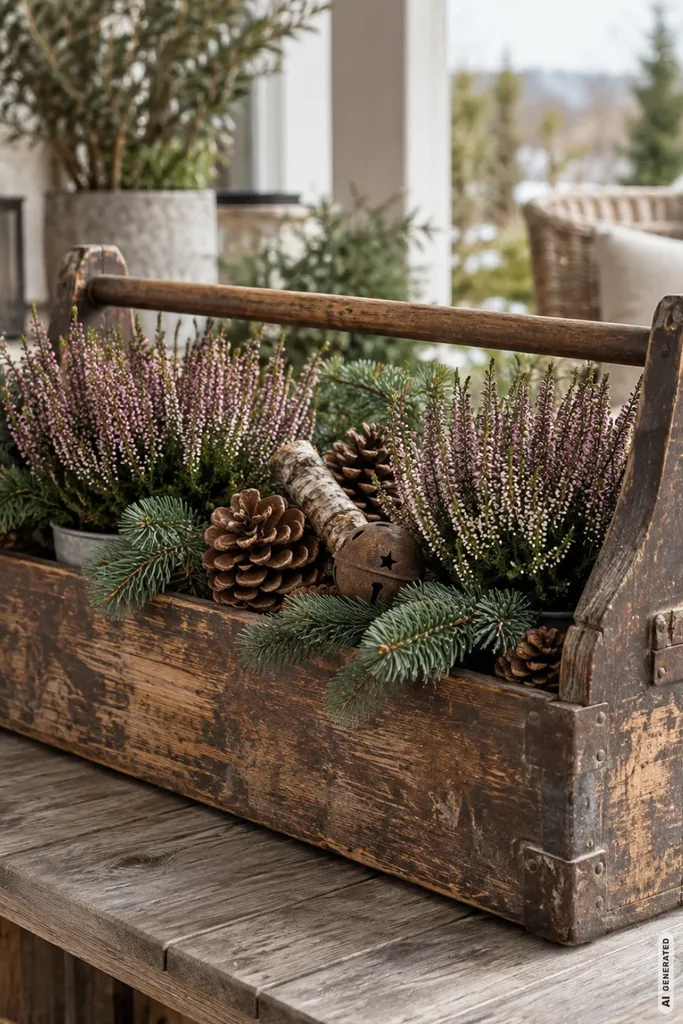 Verwitterter Werkzeugkasten aus Holz mit Winterheide, Tannenzweigen und Zapfen auf einem Terrassentisch.