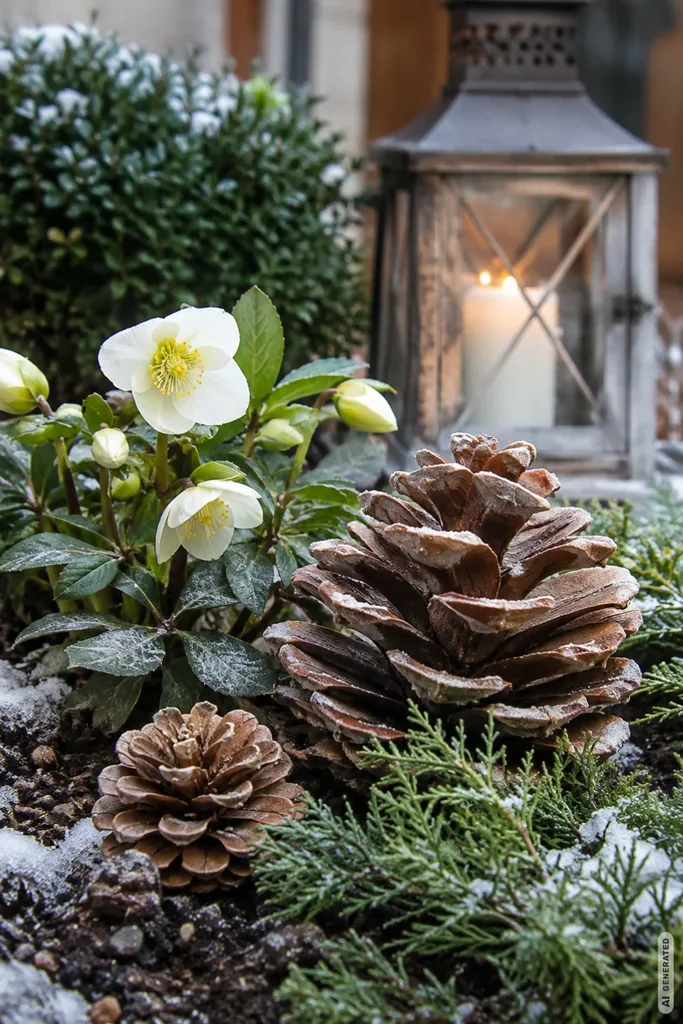 Große Tannenzapfen zwischen weißen Christrosen und immergrünen Pflanzen in einem winterlichen Gartenbeet mit Laterne.