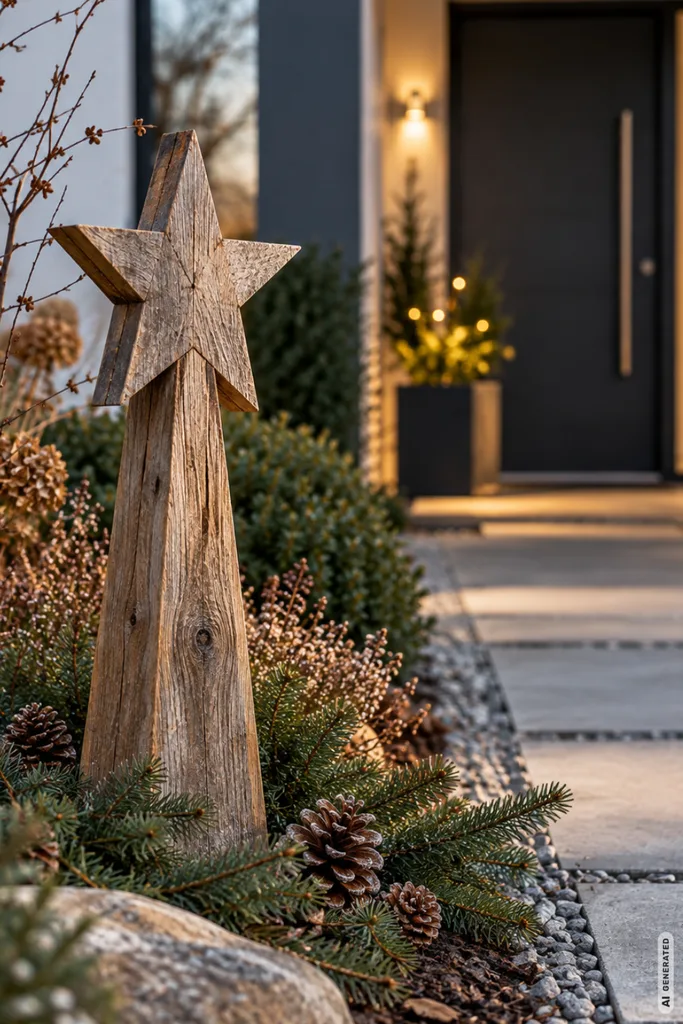 Moderne Weihnachtsdeko im Vorgarten mit großem Holzstern, Tannenzweigen und Zapfen im winterlichen Beet.