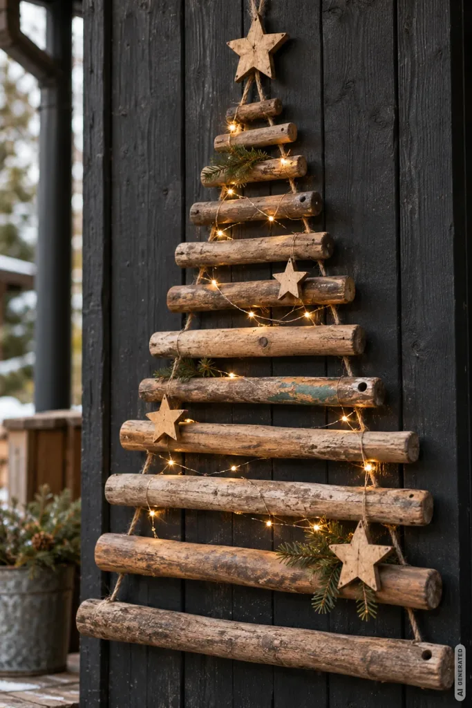 Weihnachtsbaum aus alten Holzstielen mit Holzsternen und warmweißer Lichterkette an einer dunklen Gartenhauswand.