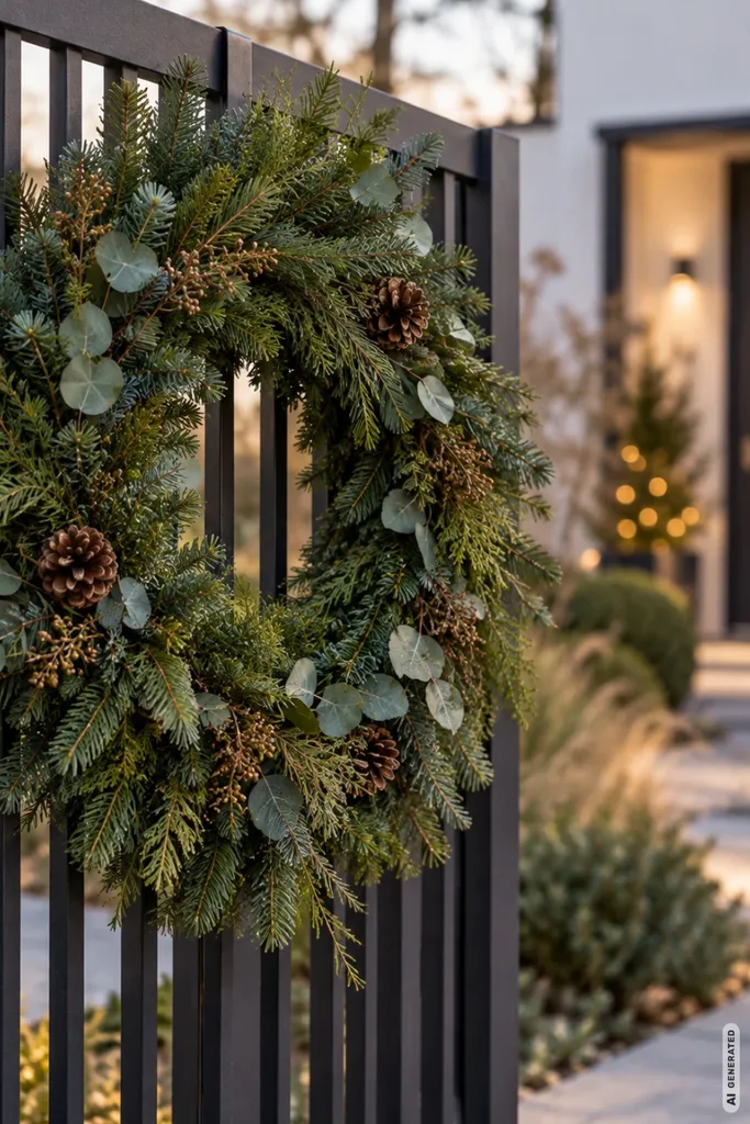 Moderne Weihnachtsdeko im Vorgarten mit großem Weihnachtskranz aus Tannengrün und Zapfen am Metallzaun.