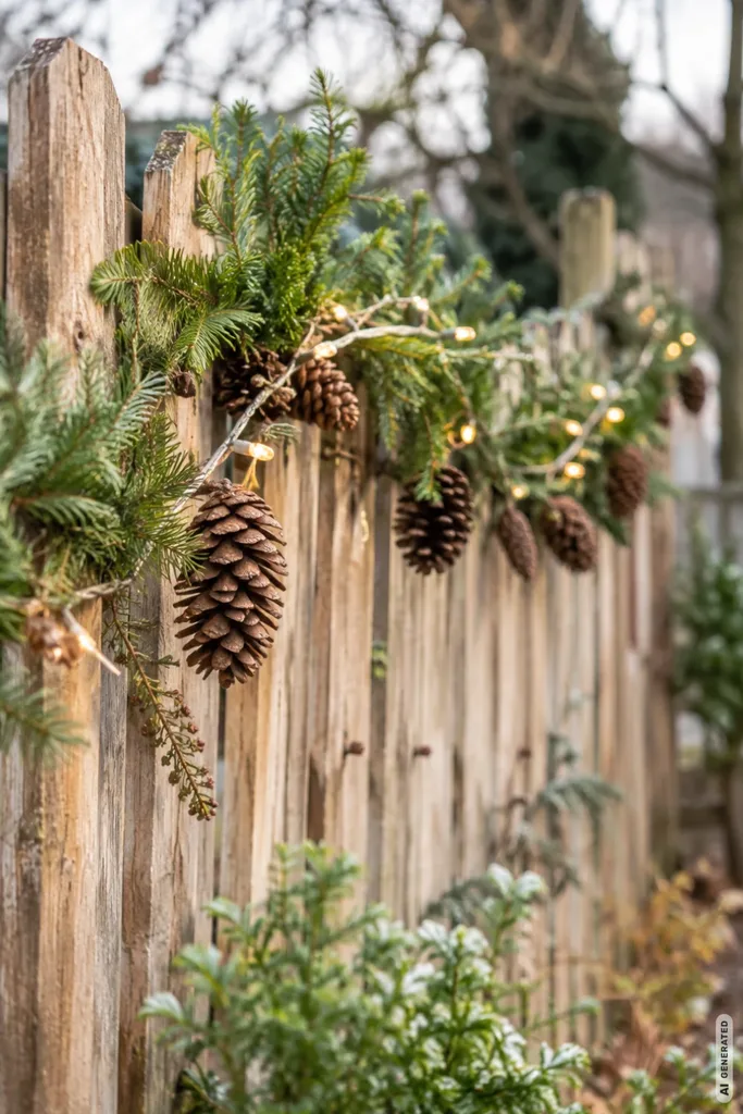 Weihnachtsgirlande aus Tannenzapfen, Tannenzweigen und warmweißen Lichtern an einem rustikalen Holzzaun.