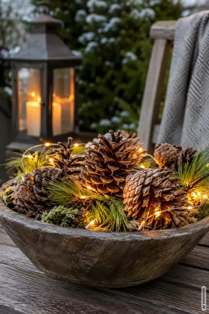 Rustikale Schale mit Tannenzapfen, Kiefernzweigen und warmweißer Lichterkette auf einer weihnachtlichen Terrasse.