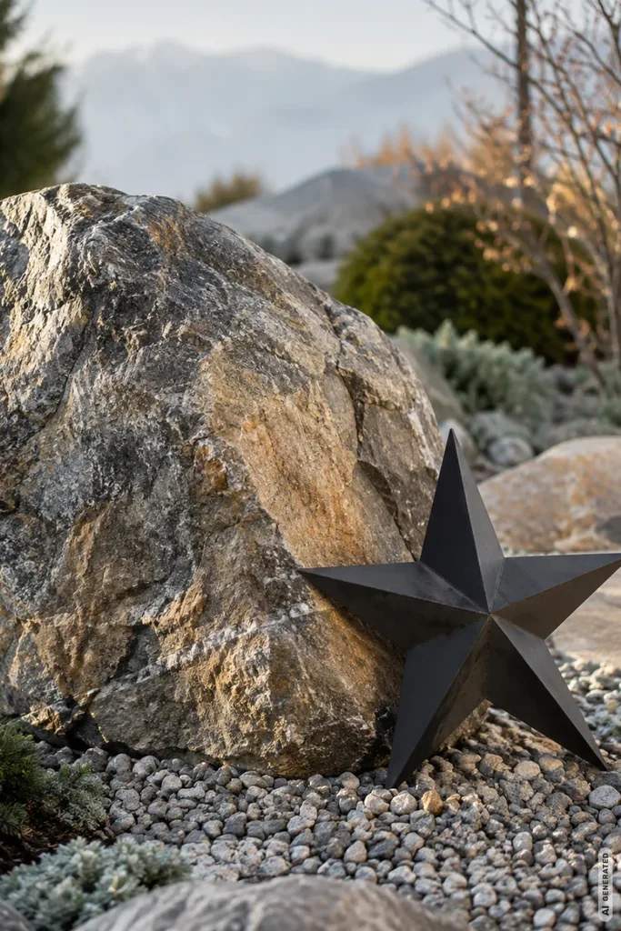 Moderne Weihnachtsdeko für den Steingarten mit schwarzem Metallstern neben einem großen Naturstein.