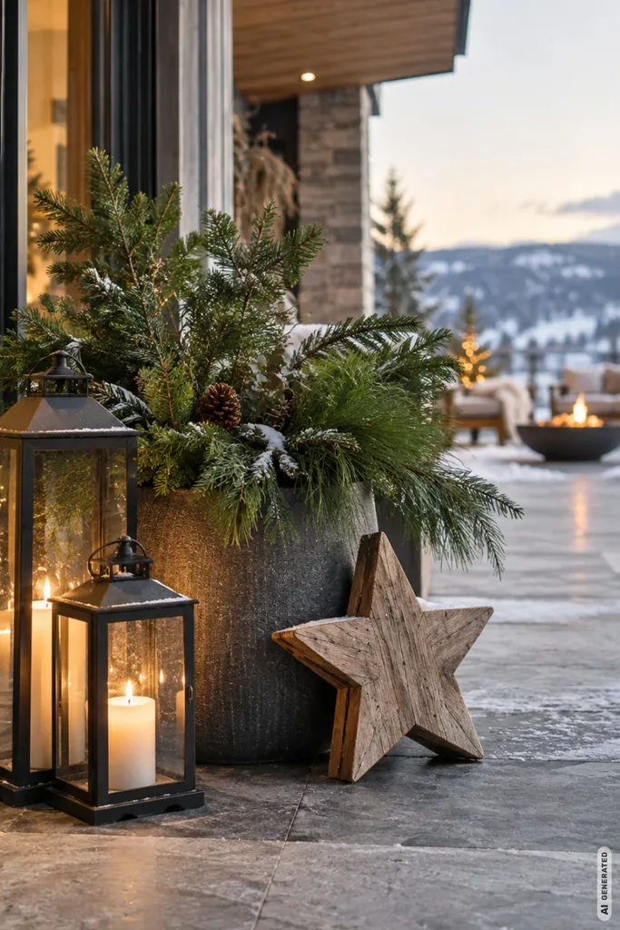Weihnachtsdeko für große Terrassen: 5 Ideen gegen kahle Winterflächen Weihnachtliche Dekozone mit schwarzen Laternen, Tannengrün im Pflanzkübel und Holzstern auf einer großen Terrasse.