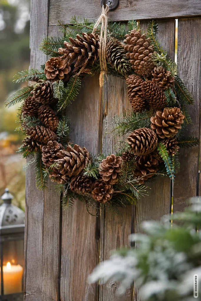 Großer Weihnachtskranz aus Tannenzapfen und Tannenzweigen an einer rustikalen Gartenpforte aus Holz.