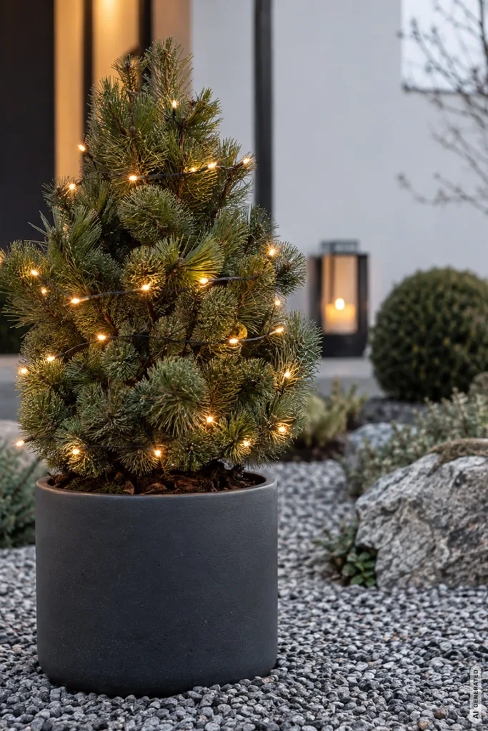 Moderne Weihnachtsdeko im Steingarten mit kleiner Zwergkiefer im anthrazitfarbenen Kübel und warmweißen Lichtern.