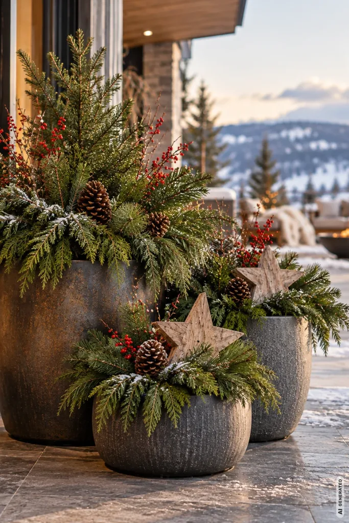 Weihnachtsdeko für große Terrassen: 5 Ideen gegen kahle Winterflächen Drei große Pflanzkübel mit Tannenzweigen, roten Beeren, Zapfen und Holzsternen als Weihnachtsdeko auf der Terrasse.