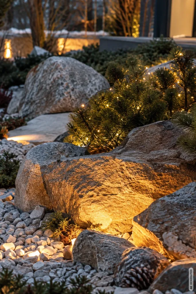 Moderne Weihnachtsdeko für den Steingarten mit warmweißer LED-Beleuchtung zwischen Natursteinen und kleinen Nadelgehölzen.