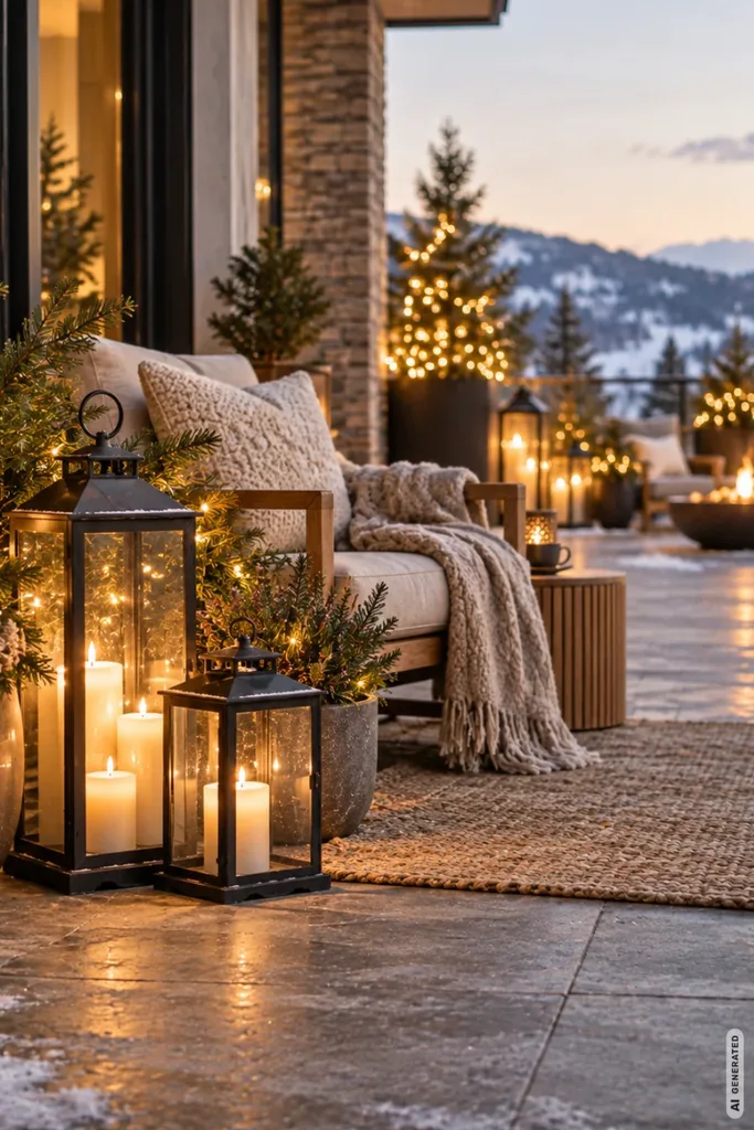Weihnachtsdeko für große Terrassen: 5 Ideen gegen kahle Winterflächen Große winterliche Terrasse mit leuchtenden Laternen, Lichterketten, gemütlichen Sitzmöbeln und beleuchteten Tannen.