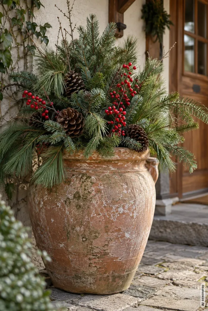 Weihnachtsdeko mit Tontöpfen: 5 wunderschöne Ideen, die kaum etwas kosten Großer verwitterter Tontopf mit Tannenzweigen, Zapfen und roten Beeren als Weihnachtsdeko vor der Haustür.