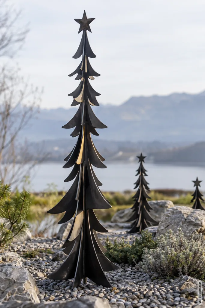 Moderne Weihnachtsdeko im Steingarten mit drei schwarzen Metall-Weihnachtsbäumen zwischen Kies, Natursteinen und Pflanzen.