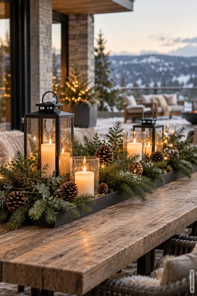 Weihnachtsdeko für große Terrassen: 5 Ideen gegen kahle Winterflächen Großer Holztisch auf der Terrasse mit länglicher Weihnachtsdeko aus Tannengrün, Zapfen, Glaswindlichtern und Laternen.