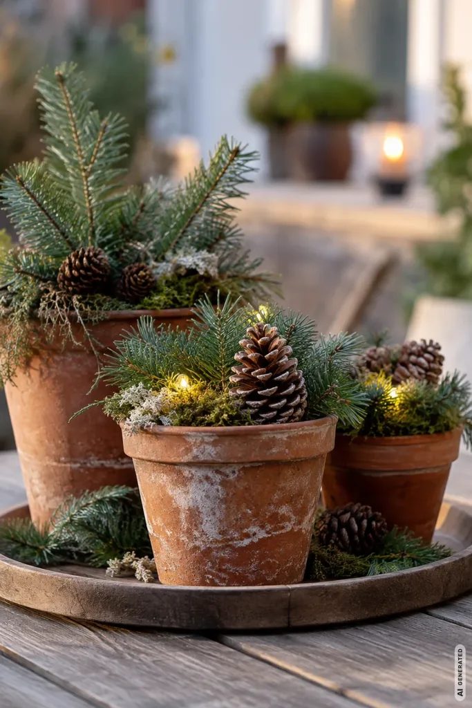 Weihnachtsdeko mit Tontöpfen: 5 wunderschöne Ideen, die kaum etwas kosten Drei kleine Tontöpfe mit Tannengrün, Moos, Zapfen und warmen LED-Lichtern auf einem Holztablett im Garten.