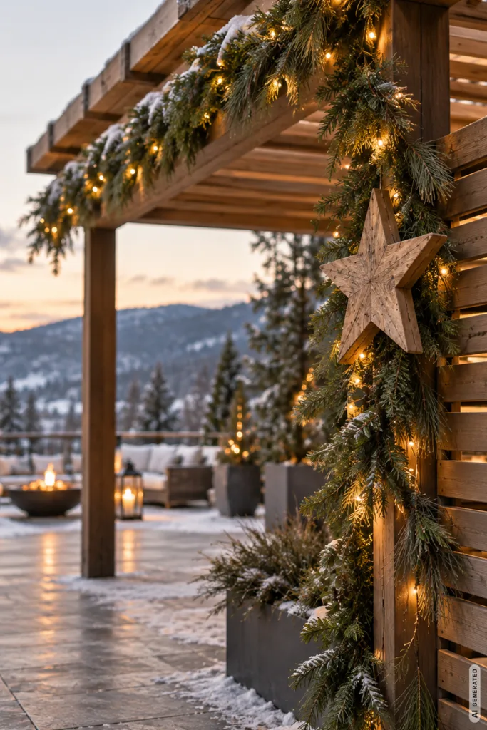 Weihnachtsdeko für große Terrassen: 5 Ideen gegen kahle Winterflächen Holzpergola mit weihnachtlicher Tannengirlande, warmweißer Lichterkette und großem Holzstern am Sichtschutz.