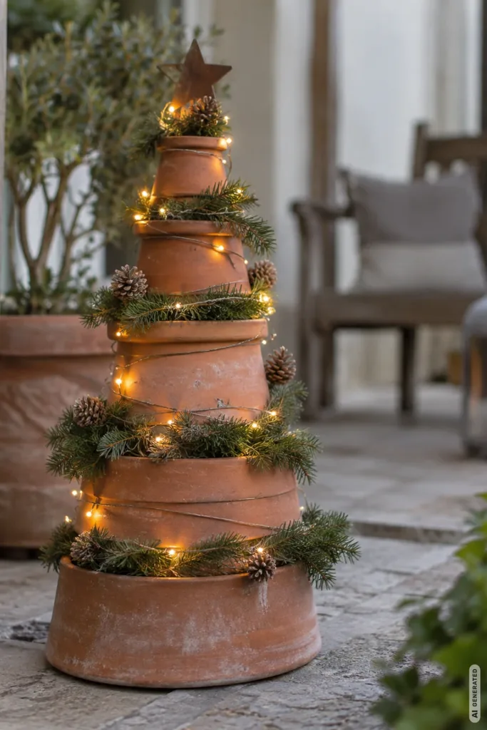 Weihnachtsdeko mit Tontöpfen: 5 wunderschöne Ideen, die kaum etwas kosten Weihnachtsbaum aus gestapelten Tontöpfen mit Tannenzweigen, Zapfen, warmweißer Lichterkette und Stern.