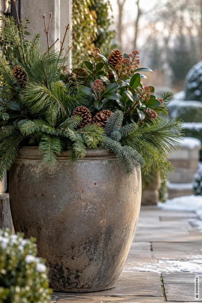 Wetterfeste Weihnachtsdeko im Garten: 5 Ideen, die auch im Schnee schön bleiben Wetterfeste Weihnachtsdeko im Garten mit großem Pflanzkübel, Tannenzweigen, Kiefernzapfen und immergrünen Pflanzen.