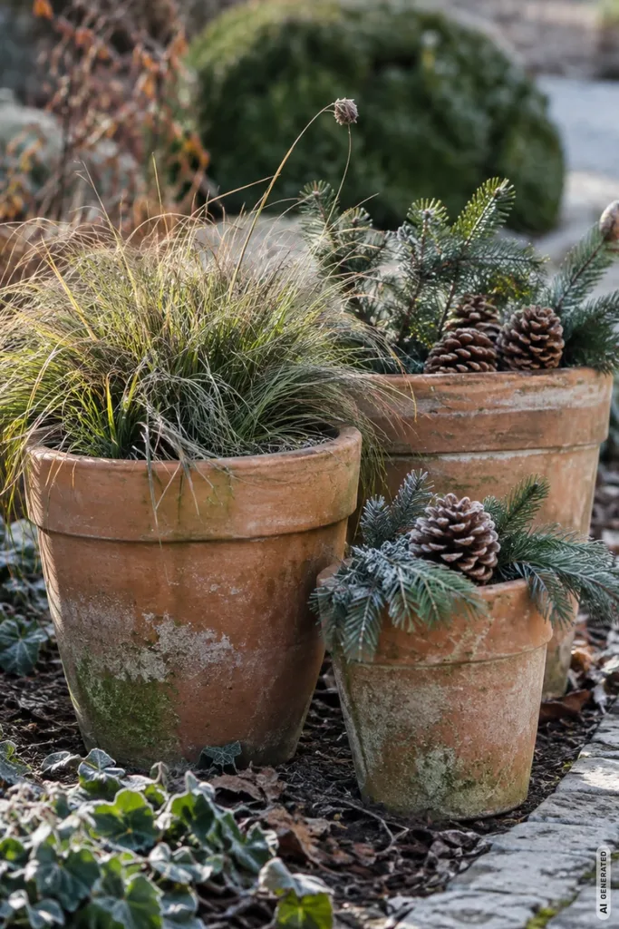 Weihnachtsdeko mit Tontöpfen: 5 wunderschöne Ideen, die kaum etwas kosten Drei verwitterte Tontöpfe mit Ziergras, Tannenzweigen und Zapfen in einem winterlichen Gartenbeet.
