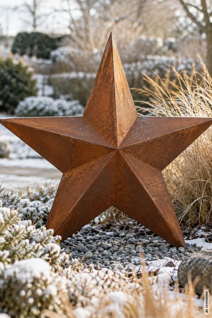 Wetterfeste Weihnachtsdeko im Garten: 5 Ideen, die auch im Schnee schön bleiben Großer Weihnachtsstern aus rostbraunem Metall als wetterfeste Weihnachtsdeko im verschneiten Gartenbeet.