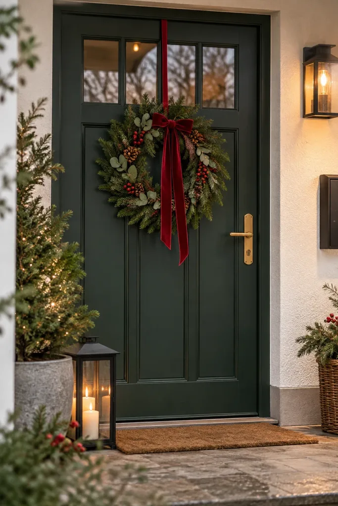 Weihnachtsdeko für die Haustür: 5 Ideen, die beim Öffnen nicht stören Weihnachtsdeko für die Haustür mit grünem Kranz, roter Schleife und winterlicher Dekoration.