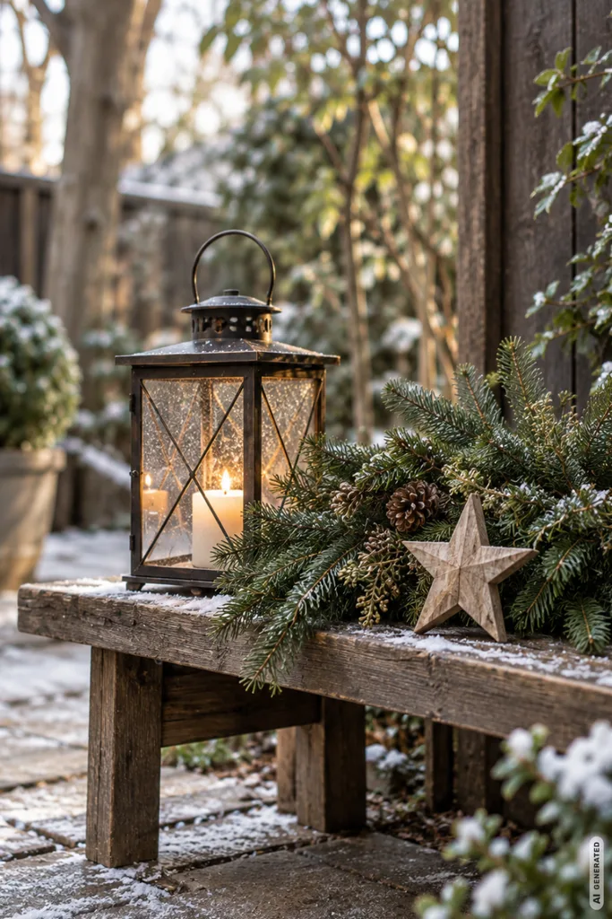Rustikale Holzbank mit leuchtender Laterne, Tannenzweigen, Zapfen und Holzstern im winterlichen Garten.