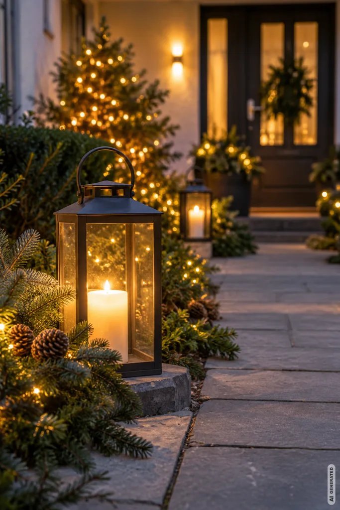 Weihnachtsdeko für den Vorgarten: 5 Ideen, die schon von der Straße aus wirken Weihnachtsdeko für den Vorgarten mit Laternen, Lichterketten und warm beleuchtetem Gartenweg.