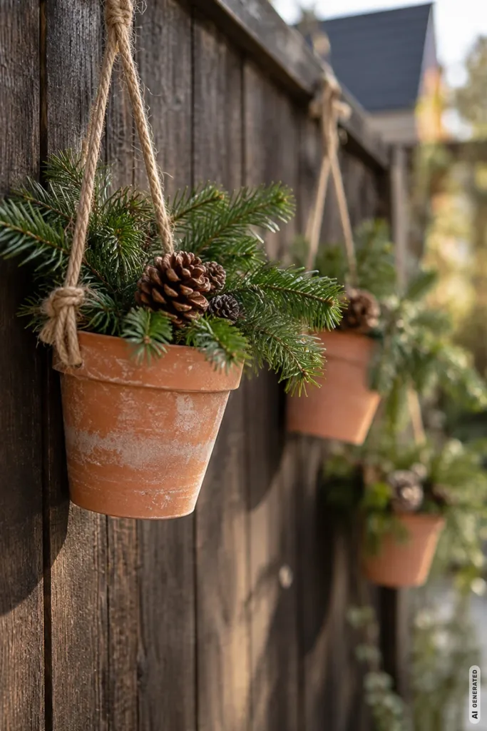 Weihnachtsdeko mit Tontöpfen: 5 wunderschöne Ideen, die kaum etwas kosten Hängende Tontöpfe mit Tannenzweigen und Kiefernzapfen als natürliche Weihnachtsdeko an einem Holzgartenzaun.