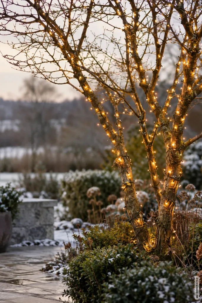 Wetterfeste Weihnachtsdeko im Garten: 5 Ideen, die auch im Schnee schön bleiben Wetterfeste Weihnachtsdeko im Garten mit warmweißer Lichterkette an einem kahlen Baum im Winter.