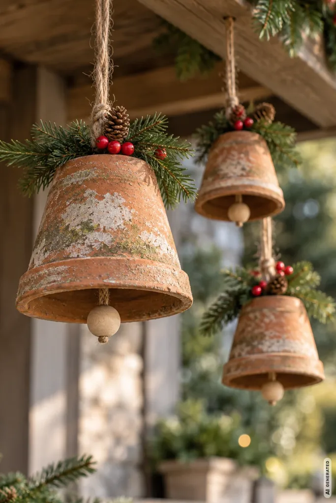 Drei umgedrehte Terrakottatöpfe hängen als Weihnachtsglocken mit Holzperlen, Tannengrün und roten Beeren.