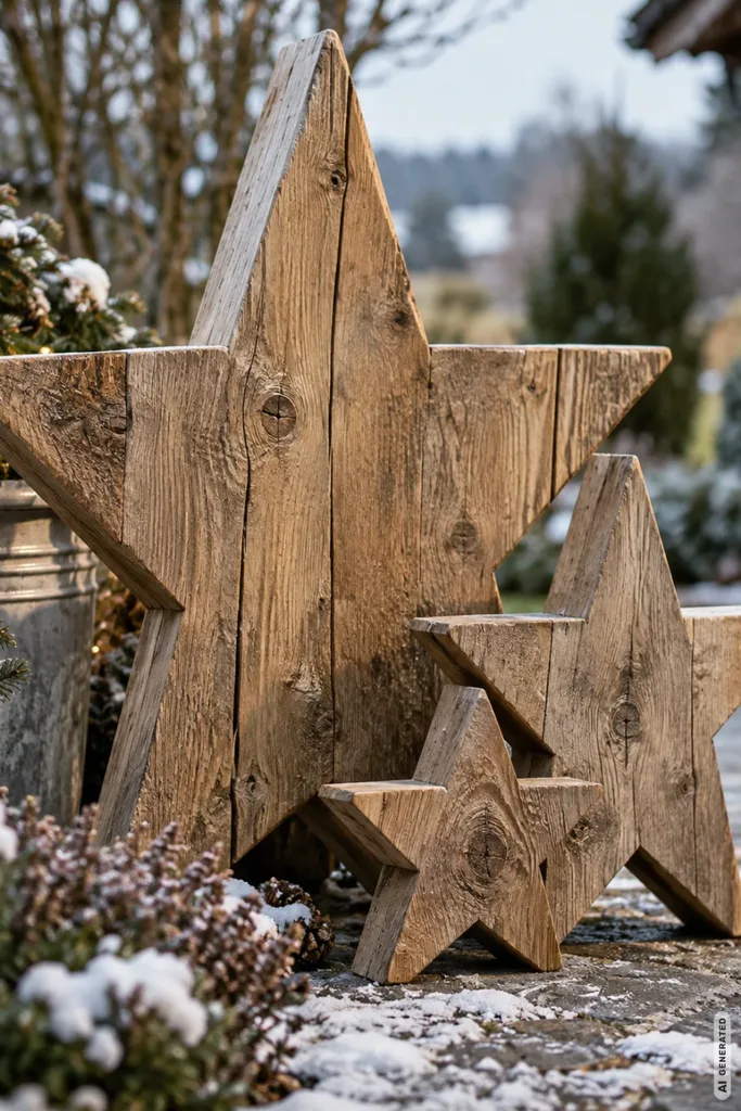 Wetterfeste Weihnachtsdeko im Garten: 5 Ideen, die auch im Schnee schön bleiben Drei rustikale Holzsterne in unterschiedlichen Größen als wetterfeste Weihnachtsdeko im verschneiten Garten.