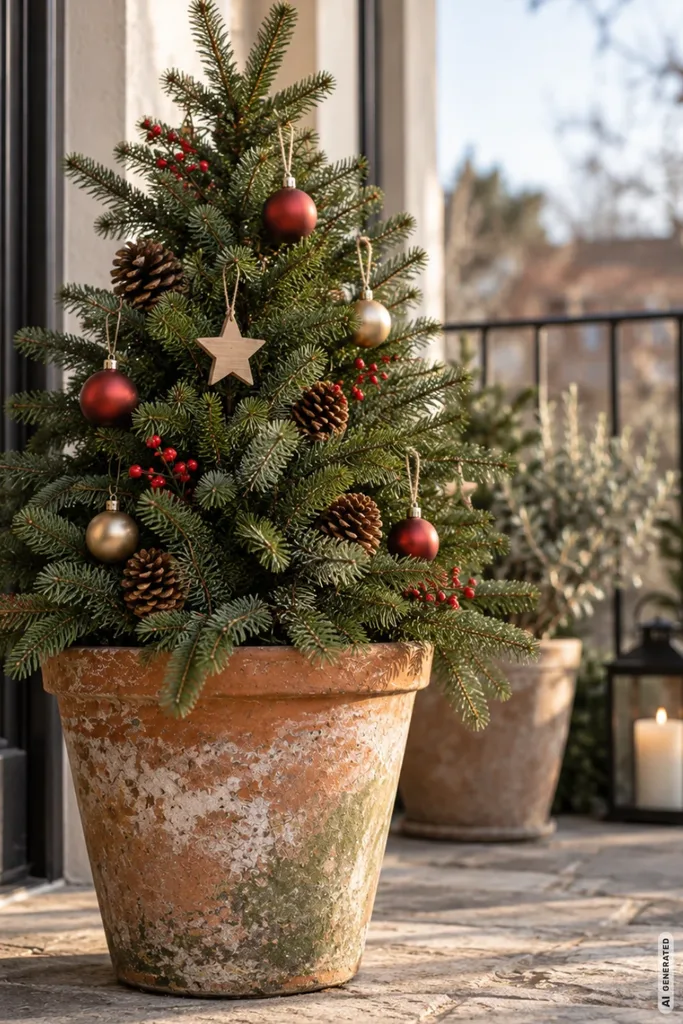 Kleiner Weihnachtsbaum im verwitterten Terrakottatopf mit roten Kugeln, Holzsternen und Tannenzapfen.