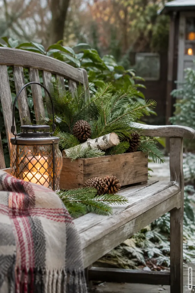 Weihnachtlich dekorierte Holzbank mit Tannenzweigen, Zapfen, Birkenholz, rustikaler Holzkiste und leuchtender Laterne.