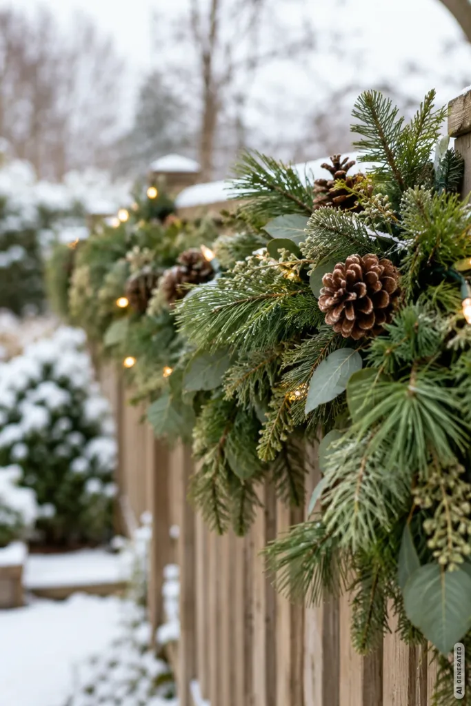 Wetterfeste Weihnachtsdeko im Garten: 5 Ideen, die auch im Schnee schön bleiben Wetterfeste Weihnachtsdeko im Garten mit grüner Tannengirlande, Zapfen und warmweißen Lichtern am Holzzaun.